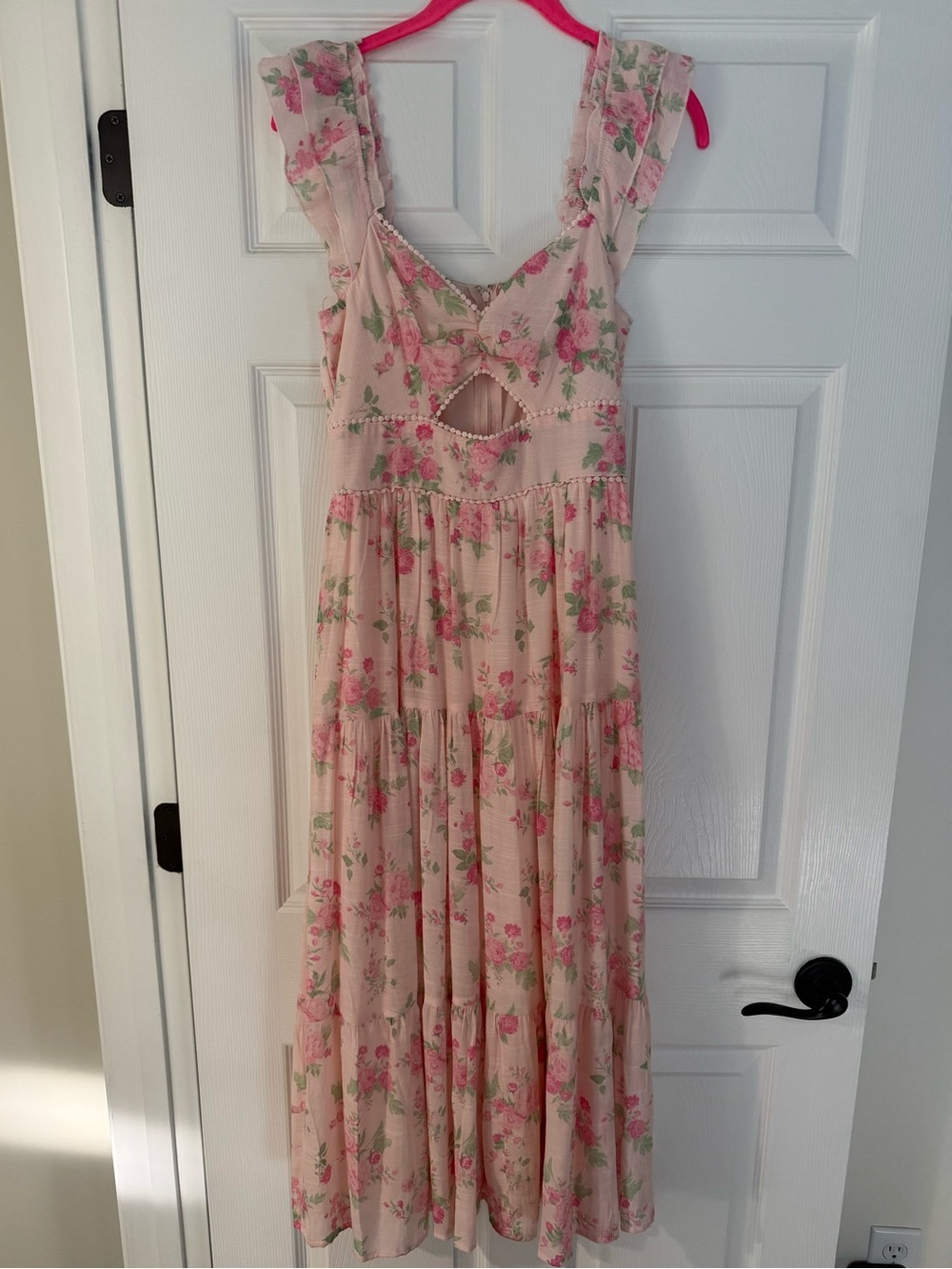NWT Floral Pink Maxi Dress with Ruffled Straps Sz S/M